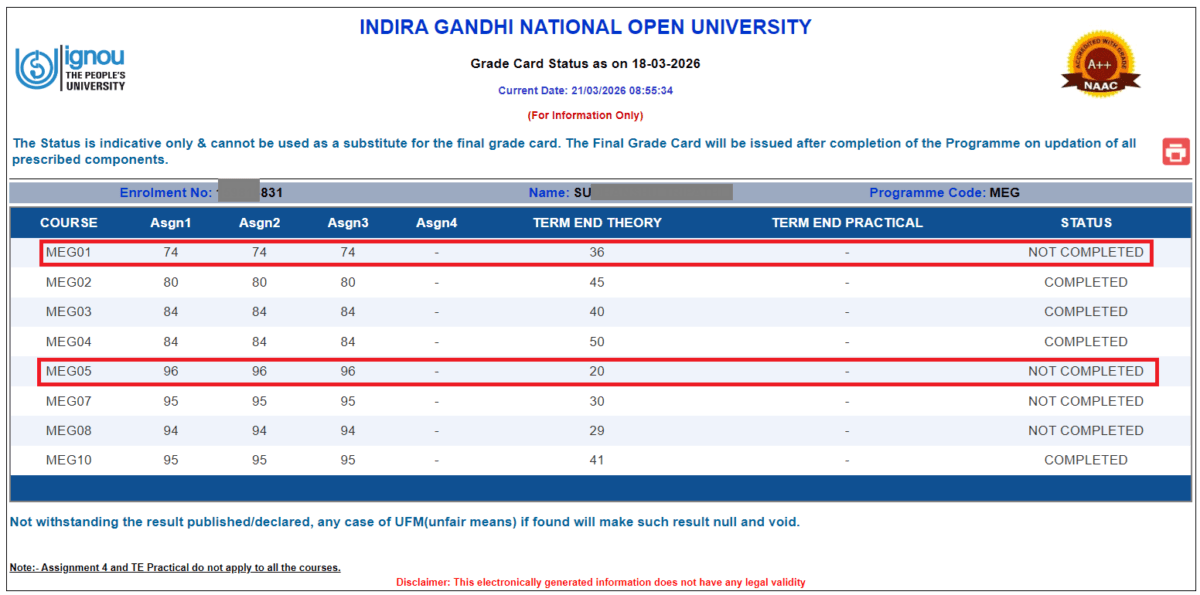 IGNOU grade card showing not completed status for a course