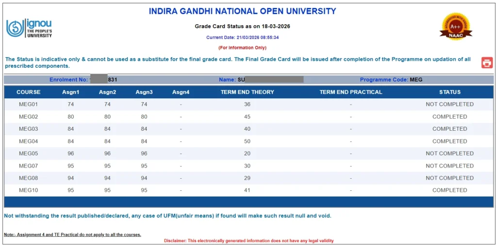 IGNOU Result December 2025 on grade card showing grades