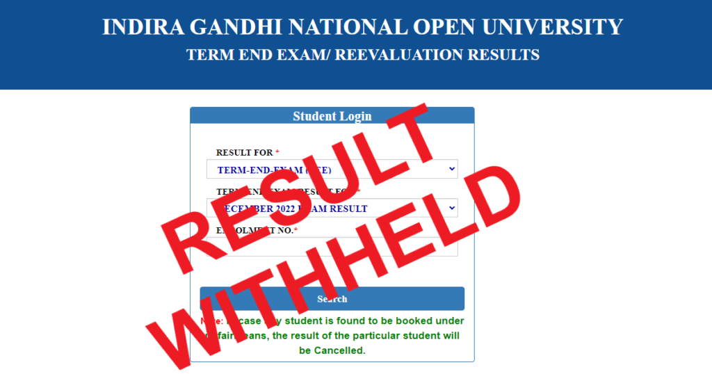 IGNOU grade card showing result withheld for a course