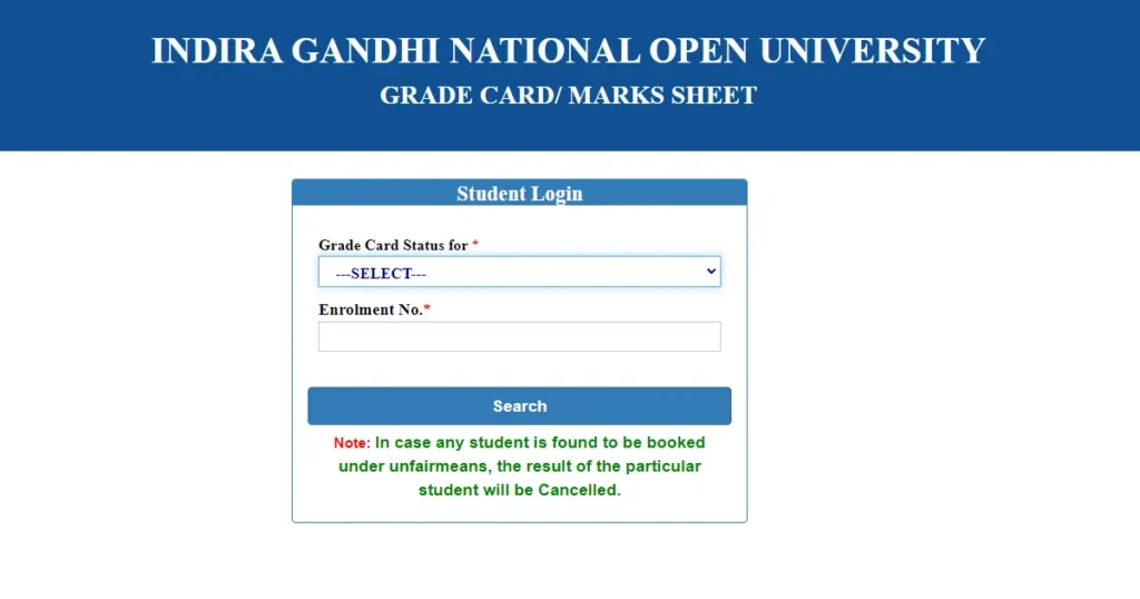 IGNOU grade card portal homepage at https://gradecard.ignou.ac.in/gradecard/
