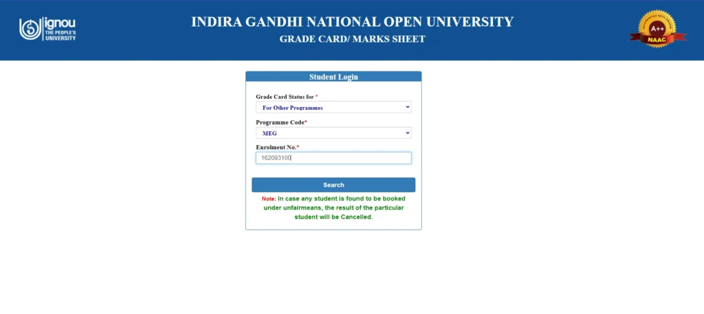 IGNOU grade card portal to check December 2025 result